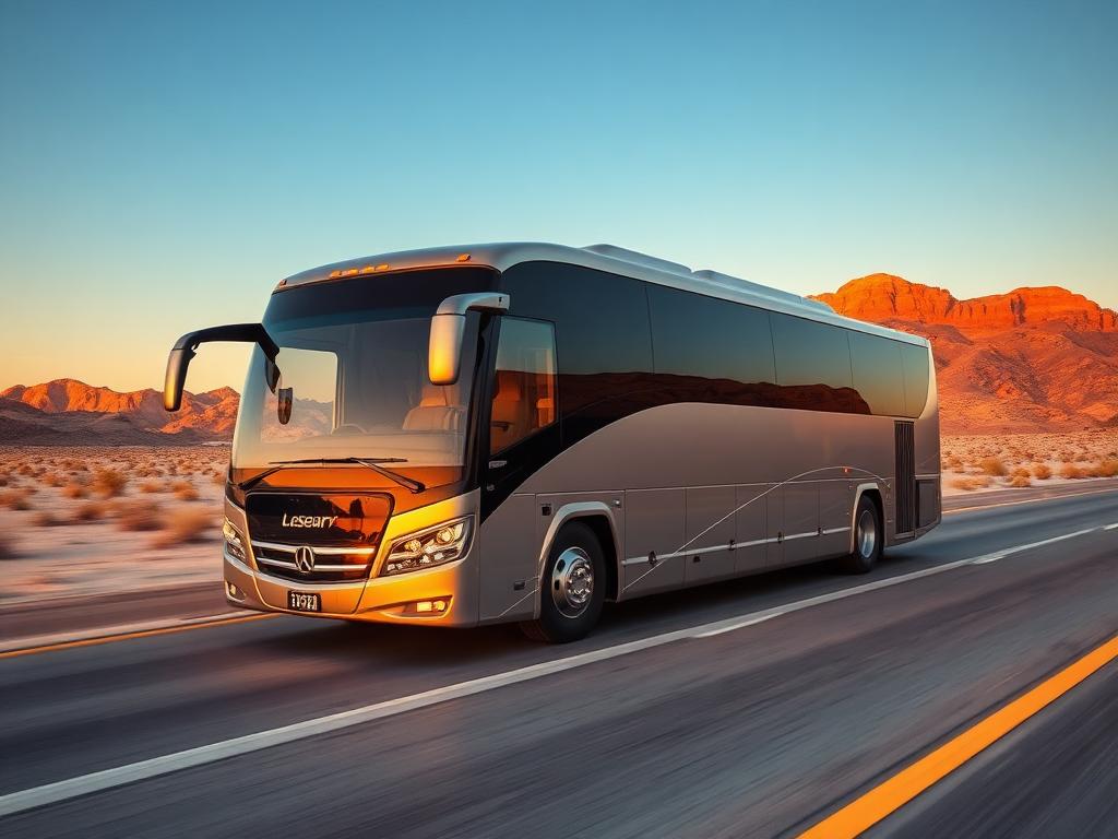Luxury buses category — modern luxury coach on a desert highway (placeholder image)